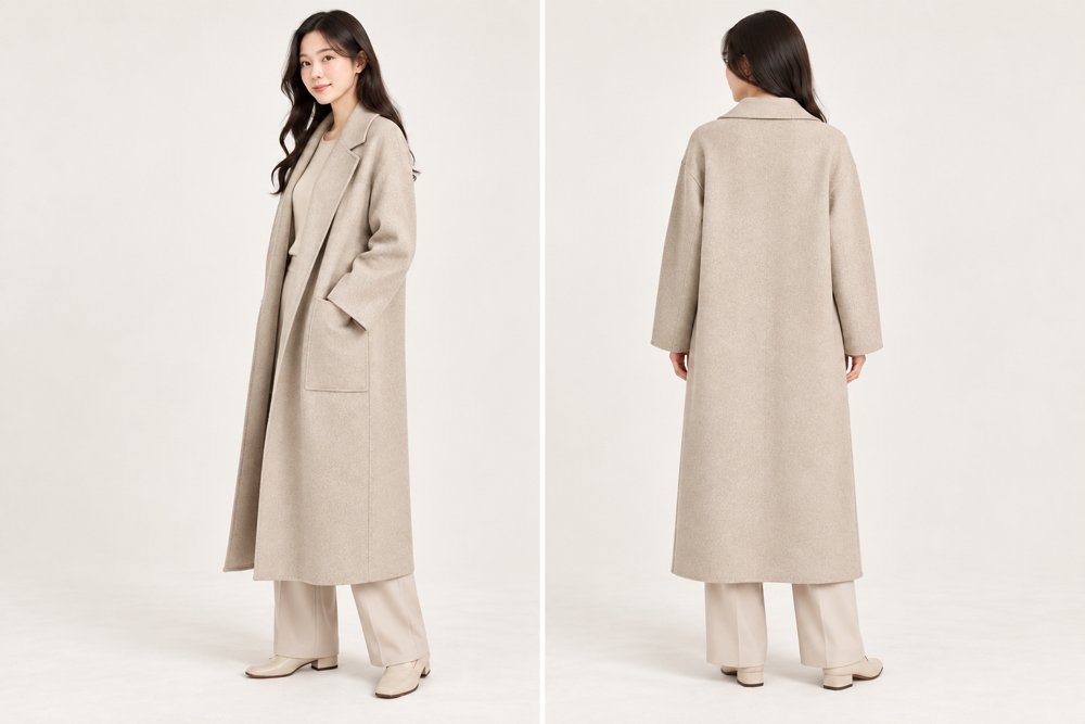 오트밀 미니멀 롱 코트 · AI 모델 다른 컷 · 측면 / 뒷면