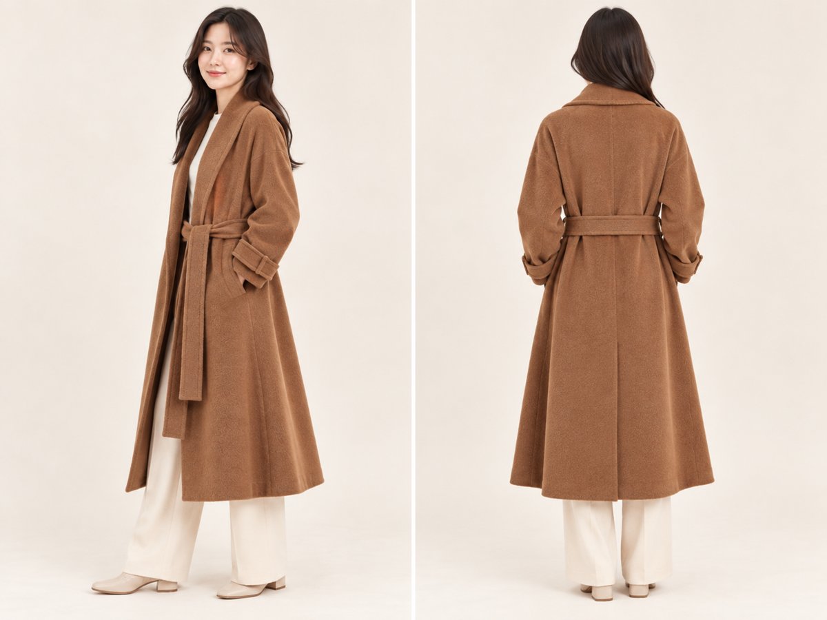 카멜 숄카라 벨티드 코트 · AI 모델 다른 컷 · 측면 / 뒷면